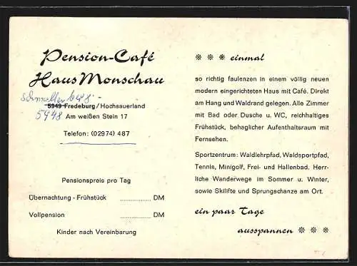 AK Fredeburg / Hochsauerland, Pension-Café Haus Monschau, Am weissen Stein 17