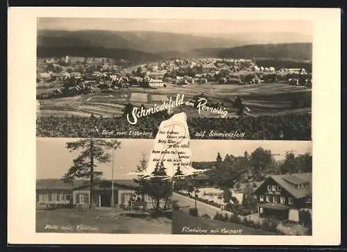 AK Schmiedefeld am Rennsteig, Neues Klubhaus Filmbühne mit Kurpark, Blick vom Eisenberg auf den Ort