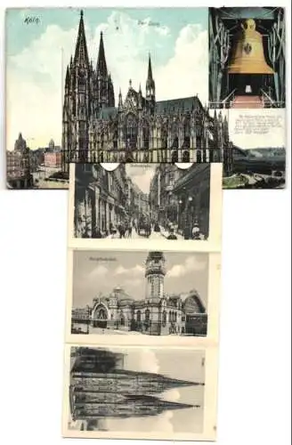 Leporello-AK Köln, Dom und Kaiserglocke, Hauptbahnhof, Hohestrasse, Hahnentor