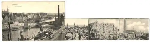 Leporello-AK Lübeck, Hafenpartie mit Dampfer, Neuer Hauptbahnhof, Rathaus, Marktplatz