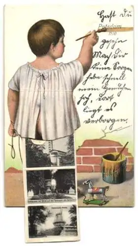 Leporello-AK Potsdam, Kleines Kind im Kleid, Schloss Sanssouci, Friedenskirche, Historische Mühle