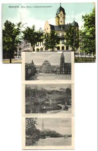 Leporello-AK Chemnitz, Königl. Kreis u. Amtshauptmannschaft, Königstrasse mit Strassenbahn, Waldschänke, Museum