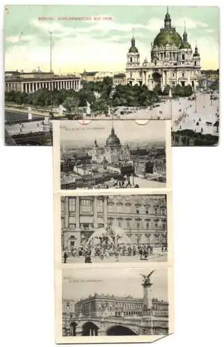 Leporello-AK Berlin, Schlossbrücke mit Dom, Brandenburger Tor, Friedrichstrasse, Börse