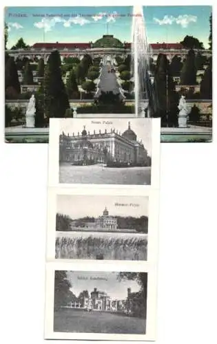 Leporello-AK Potsdam, Schloss Sanssouci mit den Terrassen und der grossen Fontaine