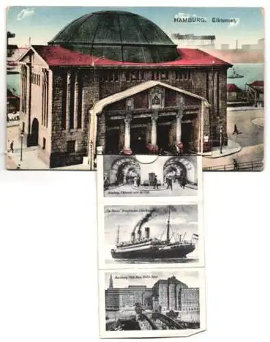 Leporello-AK Hamburg, Elbtunnel, Schnelldampfer Cap Polonia, Rathaus