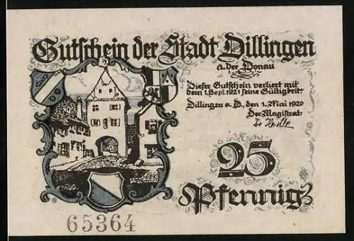 Notgeld Dillingen 1920, 25 Pfennig, Haus mit Torbogen, Ortsansicht mit Donau