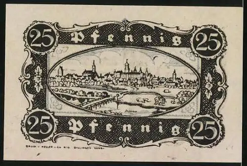 Notgeld Dillingen 1920, 25 Pfennig, Haus mit Torbogen, Ortsansicht mit Donau