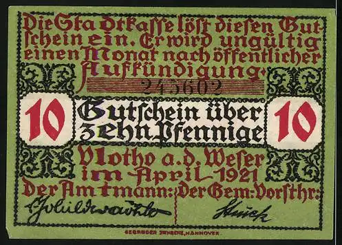 Notgeld Vlotho 1921, 10 Pfennig, Wappen mit weissen Blüten