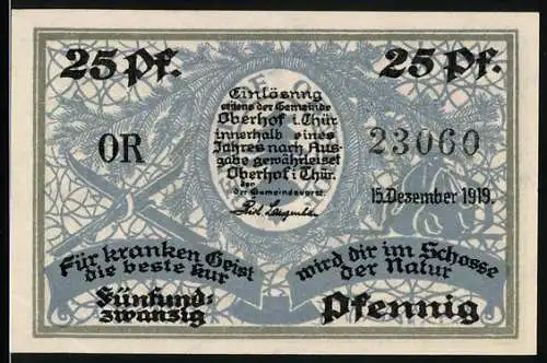 Notgeld Oberhof 1919, 25 Pfennig, Skifahrer schaut in den Ort
