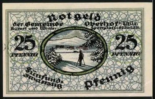 Notgeld Oberhof 1919, 25 Pfennig, Skifahrer schaut in den Ort