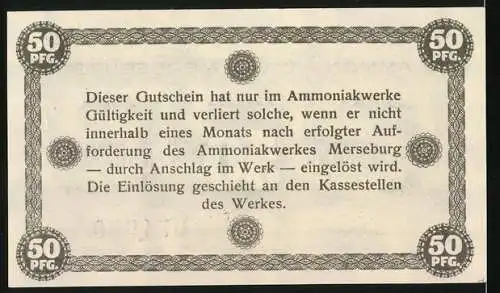 Notgeld Merseburg, 50 Pfennig, BASF Badische Anilin- & Soda-Fabrik, Ammoniakwerk, Leuna-Werk