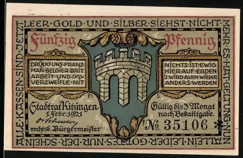 Notgeld Kitzingen 1921, 50 Pfennig, Wappen mit Burgtor, Mann mit Modellschiff