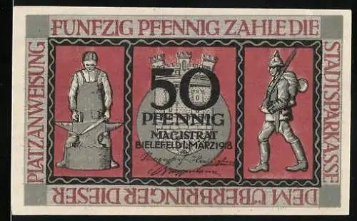 Notgeld Bielefeld 1918, 50 Pfennig, Soldat, Schmiedemeister, Wappen