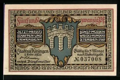 Notgeld Kitzingen 1921, 25 Pfennig, Wappen, Bauer nebst Weinreben
