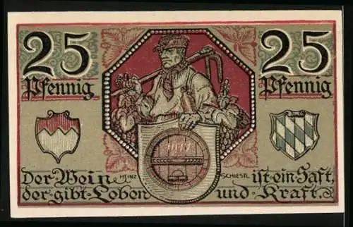 Notgeld Kitzingen 1921, 25 Pfennig, Wappen, Bauer nebst Weinreben