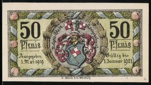 Notgeld Königshofen 1919, 50 Pfennig, Wappen, Rathaus