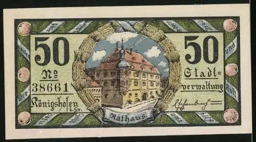 Notgeld Königshofen 1919, 50 Pfennig, Wappen, Rathaus
