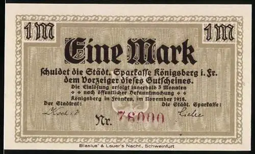 Notgeld Königsberg 1918, 1 Mark, Ortsansicht mit Kirche