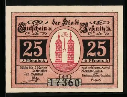 Notgeld Sebnitz, 25 Pfennig, Burgtürme, Menschen wandern aus der Stadt