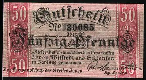 Notgeld Zeven, 50 Pfennig, Wappen, Unterschrift vom kgl. Landrat