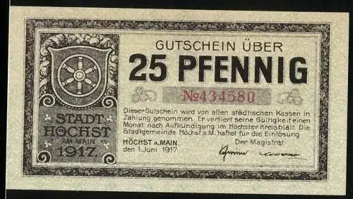 Notgeld Höchst a. M. 1917, 25 Pfennig, Wappen mit Rad