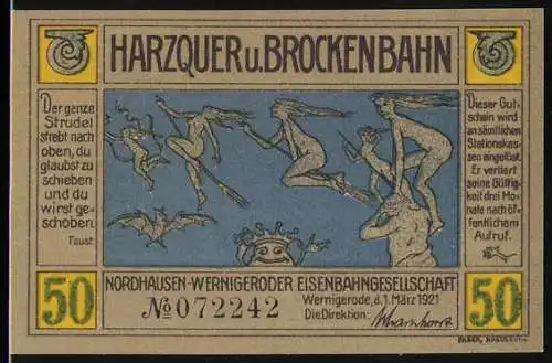 Notgeld Wernigerode 1921, 50 Pfennig, Harzquer u. Brockenbahn, Hexen