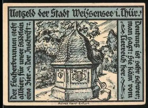 Notgeld Weissensee 1921, 25 Pfennig, Brunnen, Bauer auf dem Feld