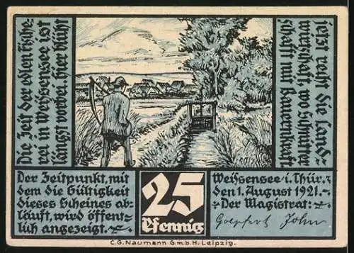 Notgeld Weissensee 1921, 25 Pfennig, Brunnen, Bauer auf dem Feld