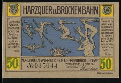Notgeld Wernigerode 1921, 50 Pfennig, Hexen, Brockenbahn