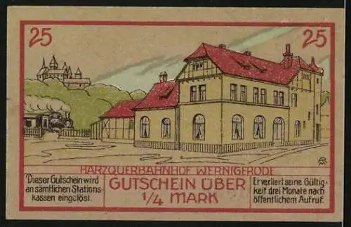 Notgeld Wernigerode 1921, 25 Pfennig, Fronansicht Harzquerbahnhof