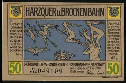 Notgeld Wernigerode 1921, 50 Pfennig, Hexen und Froschkönig über der Brockenbahn