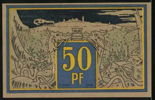 Notgeld Wernigerode 1921, 50 Pfennig, Hexen und Froschkönig über der Brockenbahn