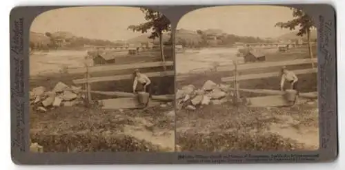 Stereo-Fotografie Underwood & Underwood, New York, Ansicht Kongsberg, Blick auf den Laagen mit alter Brücke