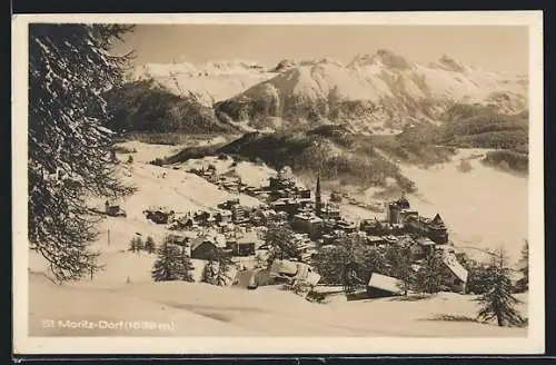 AK St. Moritz-Dorf, Ortsansicht mit Kirche aus der Vogelschau