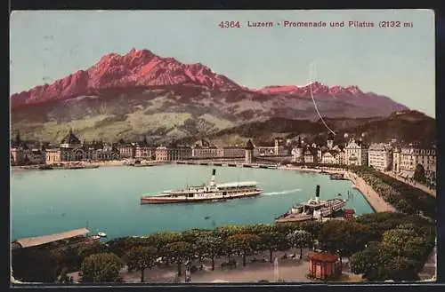 AK Luzern, Promenade und Pilatus, Dampfer