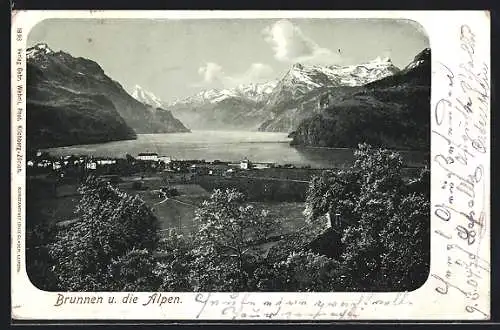 AK Brunnen, Totale mit Blick auf die Alpen