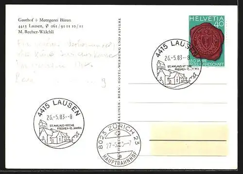 AK Lausen, Gasthof u. Metzgerei Bären, Bes. M. Recher-Wälchli