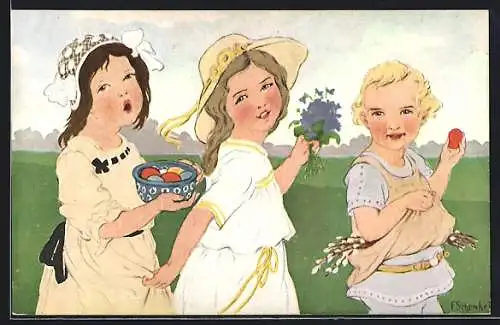 Künstler-AK Franziska Schenkel: Osterspaziergang, Kinder mit bunten Eiern