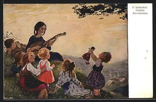 Künstler-AK Franziska Schenkel: Kinder mit Gitarre in der goldenen Abendsonne auf der Wiese