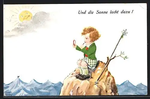 Künstler-AK John Wills: Mädchen schminkt sich nach dem Bergsteigen auf dem Berggipfel