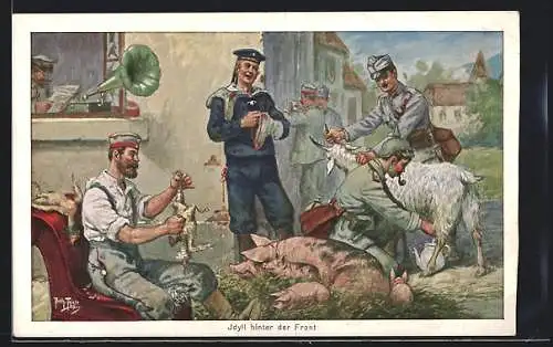 Künstler-AK Arthur Thiele: Idyll hinter der Front, Soldatenhumor, Grammophon