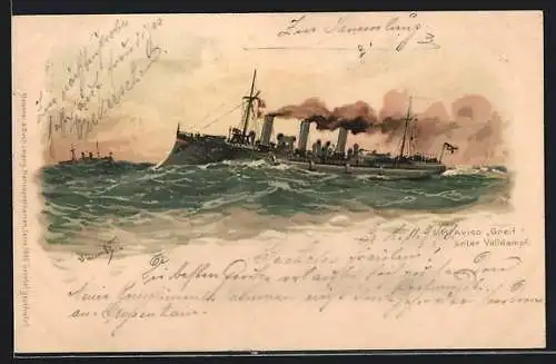 Künstler-AK Hans Bohrdt: das Kriegsschiff S. M. Aviso Greif, in Volldampf auf stürmischer See