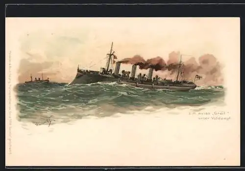 Künstler-AK Hans Bohrdt: das Kriegsschiff S. M. Aviso Greif, in Volldampf auf stürmischer See