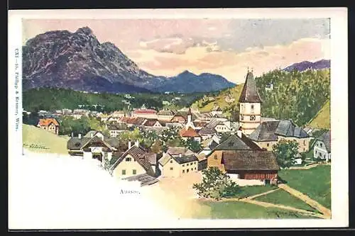 Künstler-Lithographie Franz Kopallik: Aussee, Panoramablick