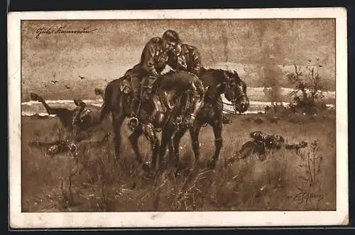 Künstler-AK Ernst Schlemo: Zwei Überlebende zu Pferde, Schlachtenszene