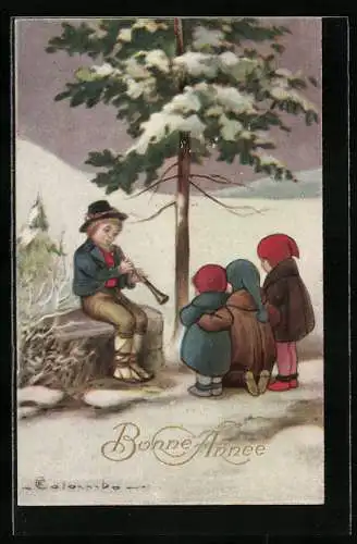 Künstler-AK E. Colombo: Knabe spielt ein Lied auf einer Flöte, drei Kinder hören zu