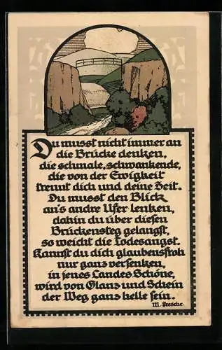 Steindruck-AK Gedicht von M. Feesche, Brücke im Gebirge