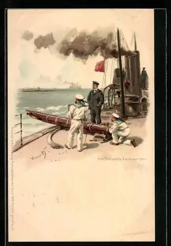 Künstler-AK Hans Bohrdt: Am Torpedo Lancierrohr eines Torpedobootes