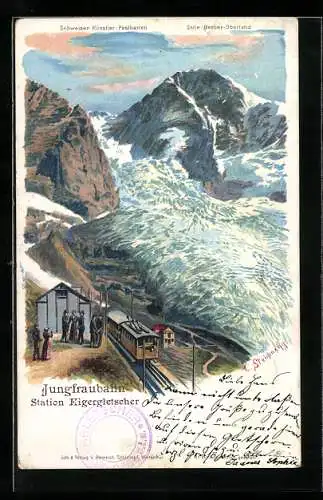 Künstler-Lithographie C. Steinmann: Jungfraubahn, Station Eigergletscher