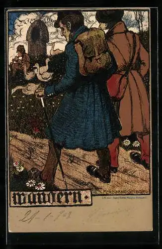 Künstler-AK Ferdinand Spiegel: Männer auf Wanderschaft